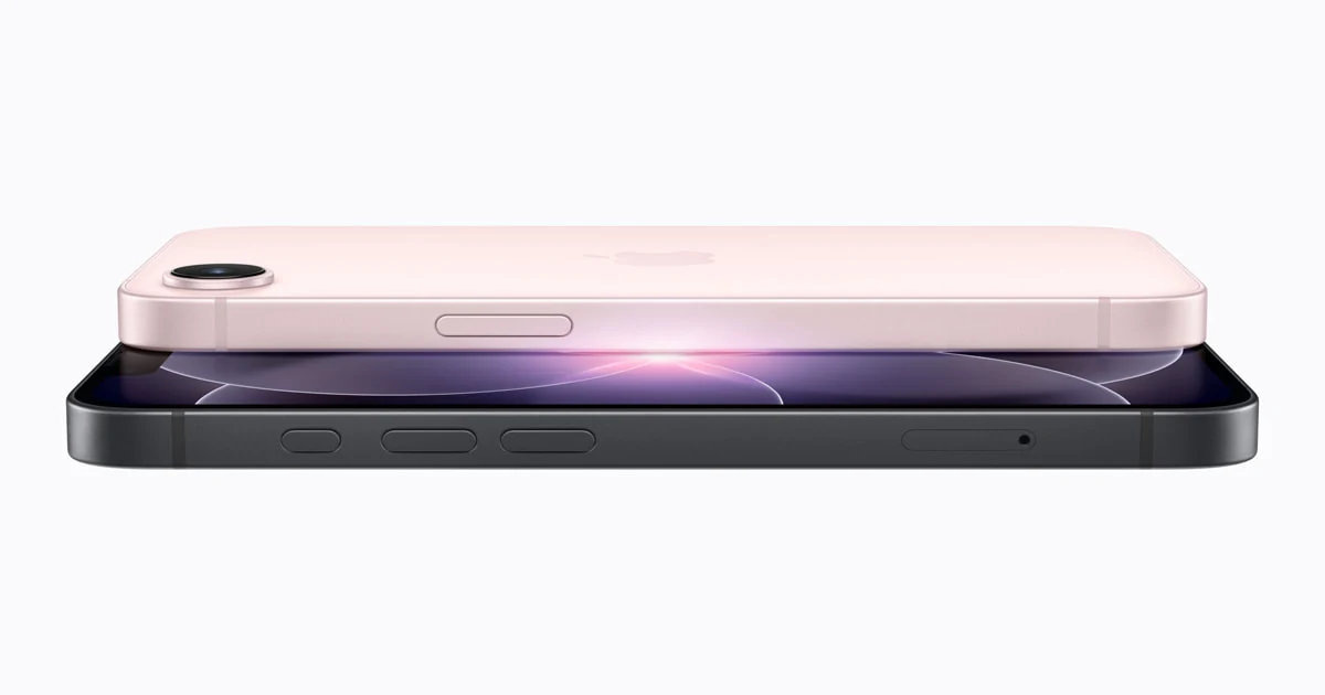 Apple 官方配图：iPhone 17e 机身配色与侧边结构
