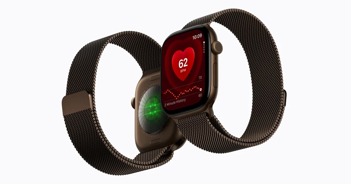 Apple 官方配图：Apple Watch Series 12 的正面、背面与编织表带