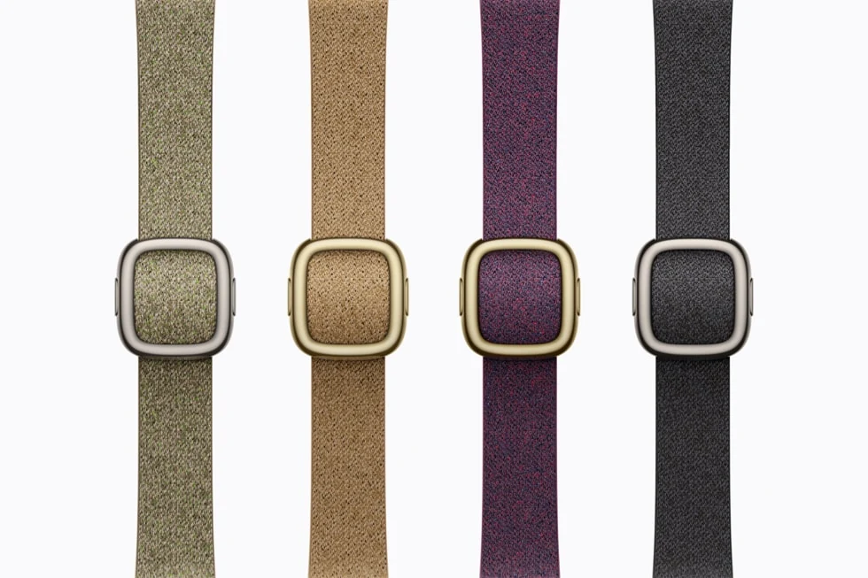 Apple 官方配图：多种颜色的 Modern Buckle 编织材料表带